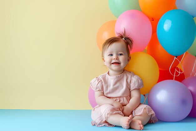 Un bébé assis sur le sol avec des ballons