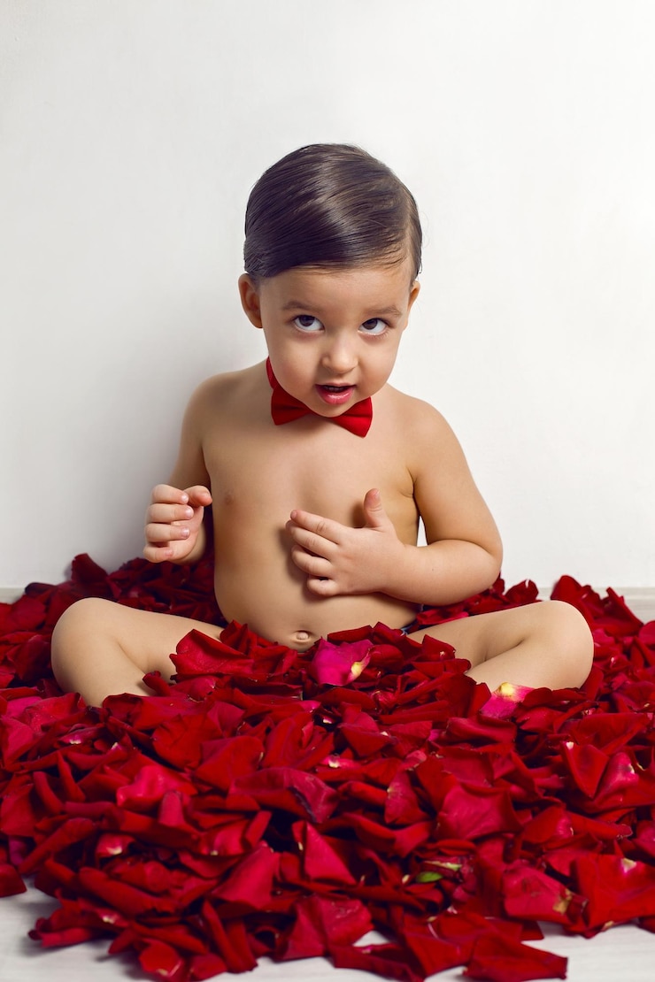 Photo bébé assis sur le sol blanc avec des pétales de roses rouges