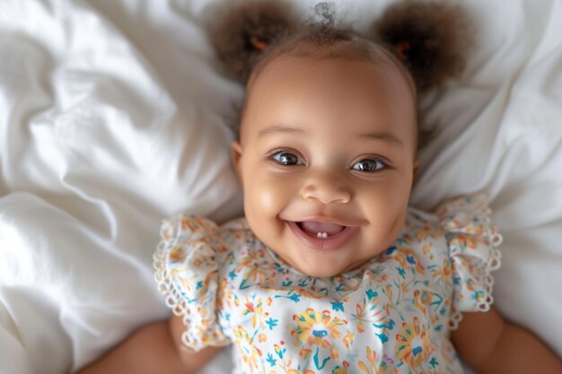 Photo le bébé aux cheveux moelleux et à la robe à fleurs sourit radieusement.