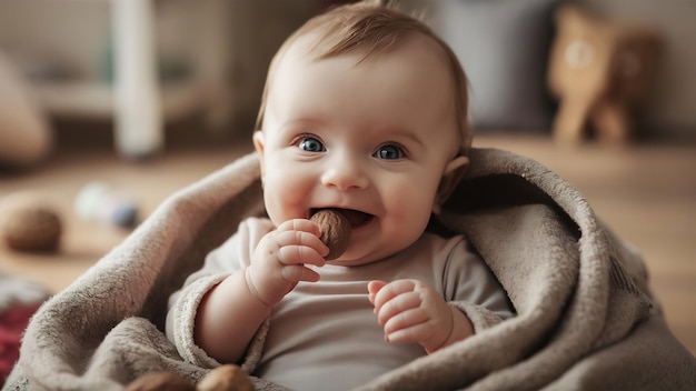 Le bébé aux yeux bleus mange une noix.