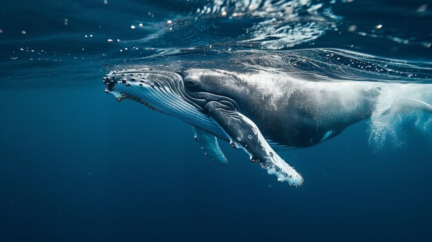 Un bébé baleine à bosse joue près de la surface dans l'eau bleue Portrait d'animal AI Generative