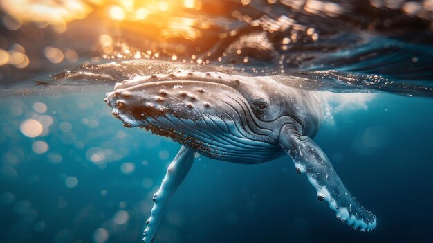 bébé baleine à bosse près de la surface océan bleu tranquille moment ludique eau lumineuse calme focus doux rayons de soleil étincelants AI génératif