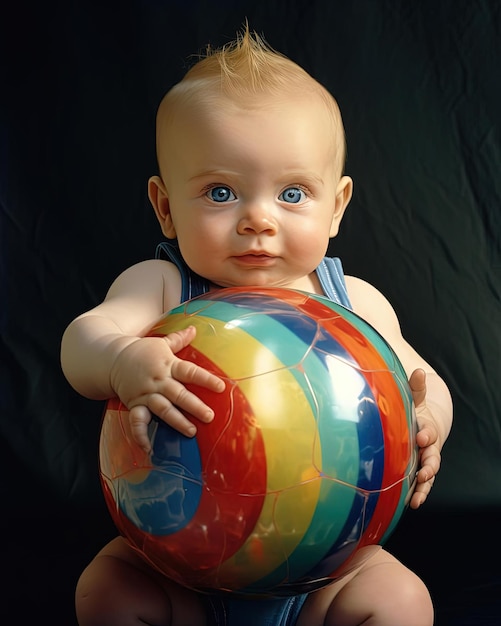 un bébé avec une balle colorée multicolore dans le style du vainqueur du concours
