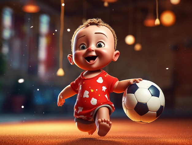 Un bébé avec un ballon de foot à la main