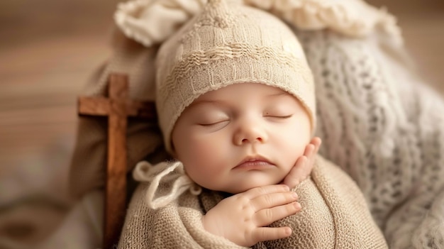 bébé baptisé garçon avec une croix dans les mains