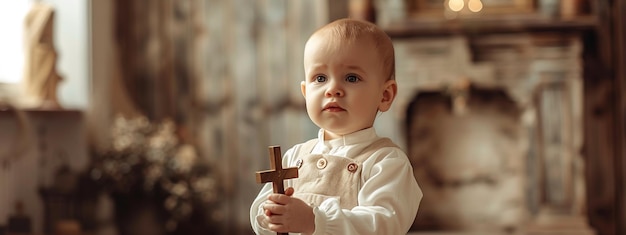 bébé baptisé garçon avec une croix dans les mains
