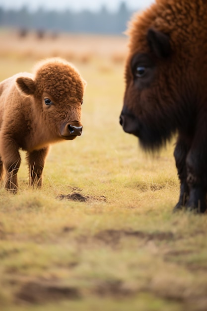 un bébé bison se tient à côté d'un bison adulte