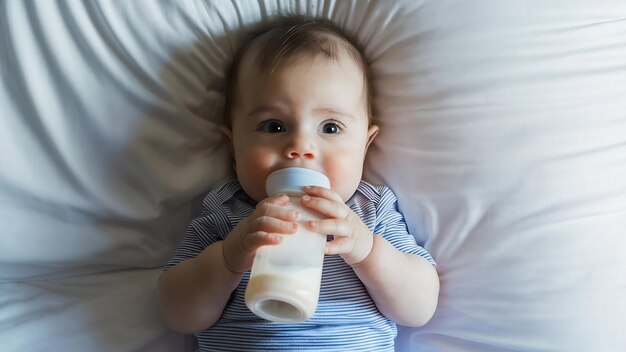 Le bébé boit du lait d'une bouteille sur un lit blanc