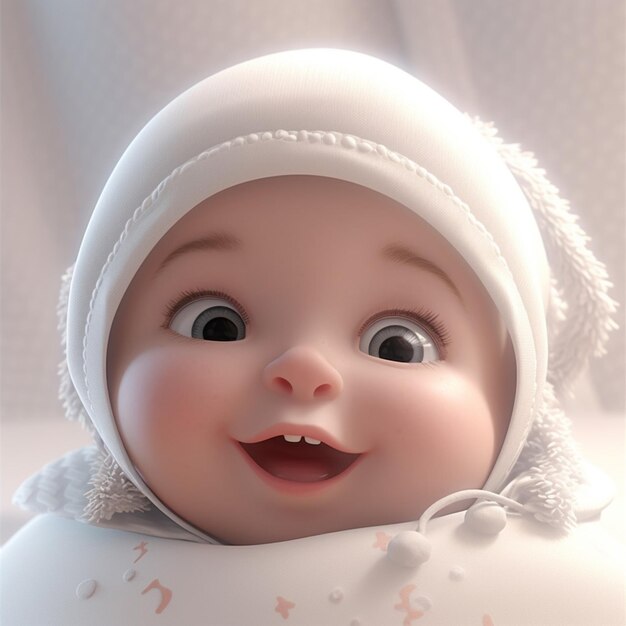 Un bébé avec un bonnet blanc et un vêtement blanc qui dit " hello kitty ".