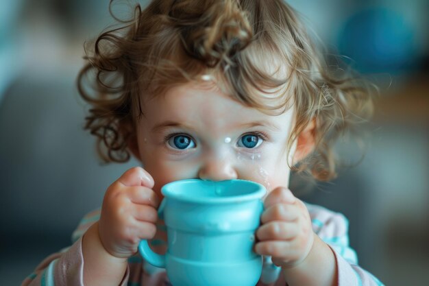 Photo bébé buvant du lait dans une tasse