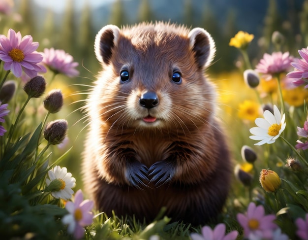 Un bébé castor féerique dans un champ de fleurs au printemps des Alpes