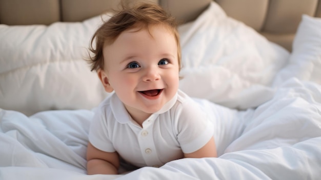Bébé caucasien mignon sur le lit souriant heureux et regardant la caméra