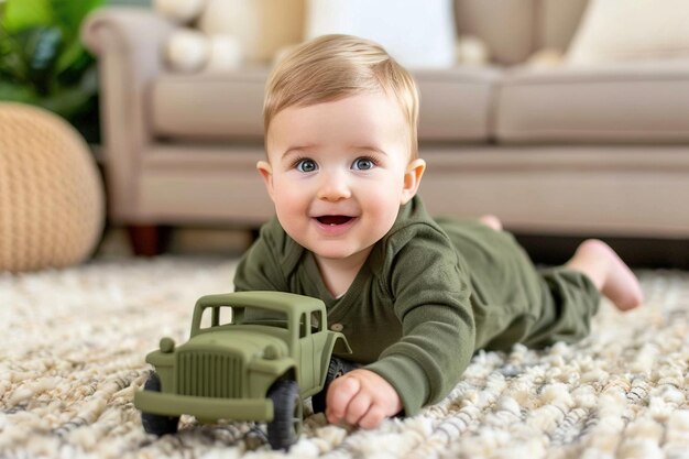 Un bébé caucasien en pull vert jouant avec un chariot dans le salon.