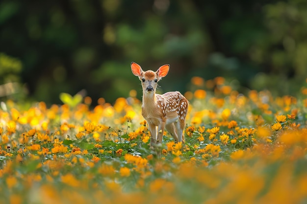 Un bébé cerf se tient dans un champ de fleurs.