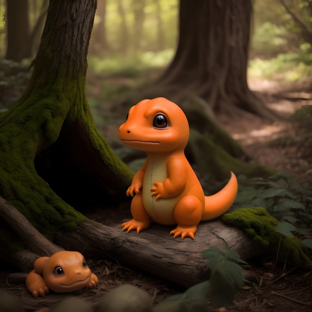 Photo le bébé de charmander hyper réaliste laissé dans les bois, une étrange photo vintage d'un autre monde.