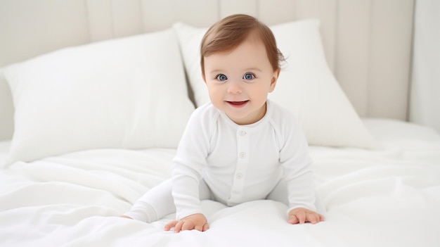 un bébé une chemise blanche une maquette d'une combinaison d'un lit blanc en peluche un fond généré par l'IA