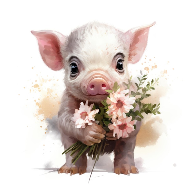 Photo le bébé cochon adorable avec le bouquet de marguerites à l'aquarelle clipart généré par l'ia