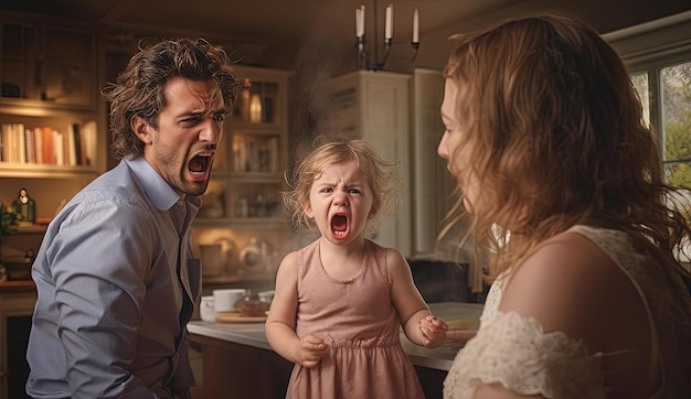 Photo un bébé en colère devant une maman et un papa qui crient dans le style de split toning