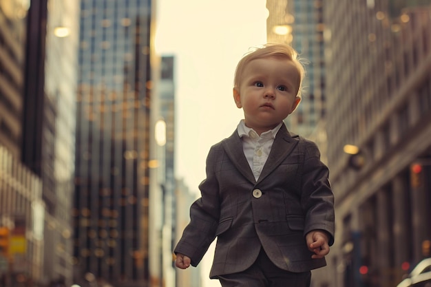 Photo un bébé en costume d'affaires marchant dans la rue de la ville d'affaires