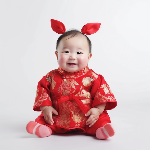 Un bébé en costume chinois est assis par terre.