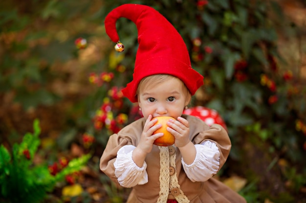 Bébé avec costume de gnome dans la forêt