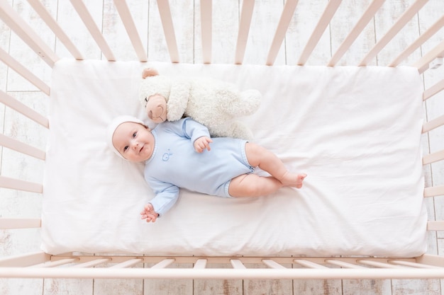 Bébé dans un berceau avec ours en peluche se couche ou se réveille le matin concept de famille et de naissance