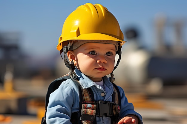 bébé dans un casque jaune travaillant sur un chantier de construction