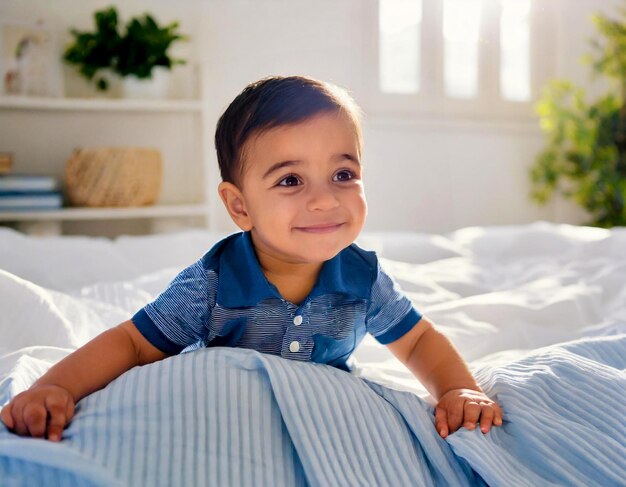 Bébé dans la chambre blanche, enfant d'un an jouant dans le lit à la maison.