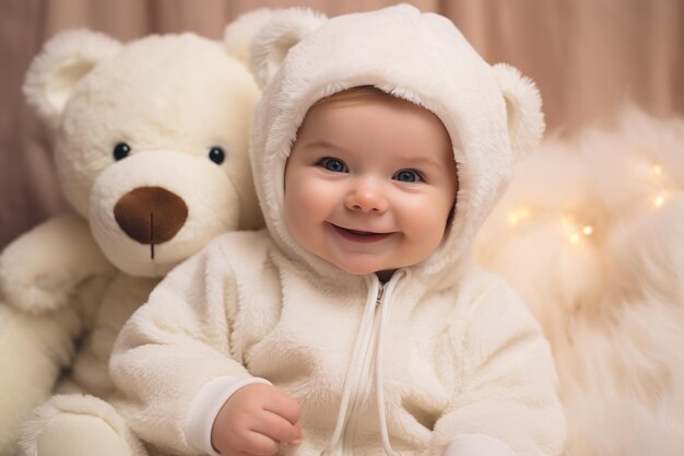 Photo un bébé dans une chemise confortable tenant un ours en peluche