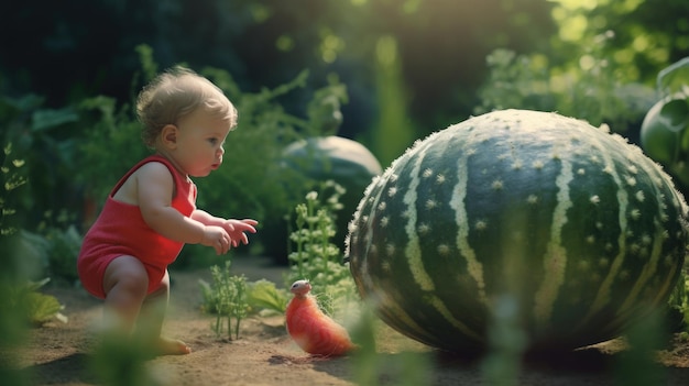 Bébé dans un jardin avec une pastèque