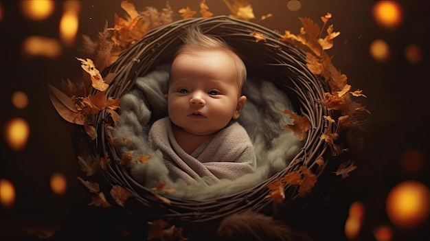 Un bébé dans un panier avec des feuilles d'automne