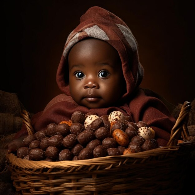 Un bébé dans un panier avec des œufs de Pâques