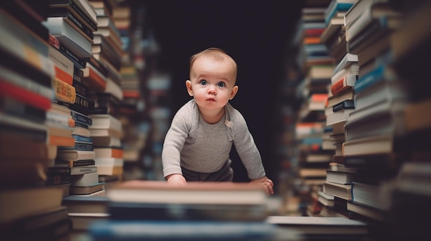 Un bébé dans une pile de livres