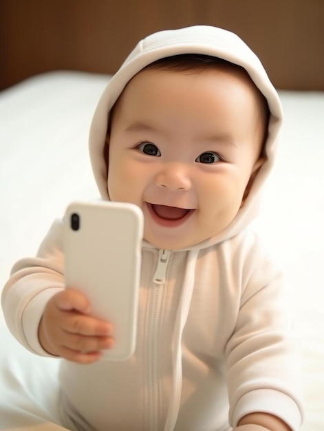 Un Bébé Dans Un Sweat à Capuche Blanc Tenant Un Téléphone Portable