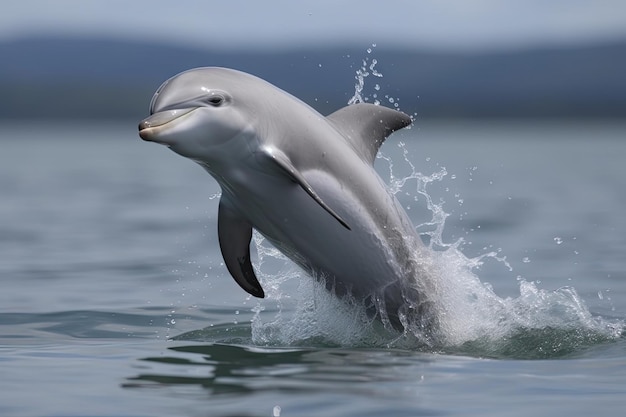 Bébé dauphin sautant dans les airs révélant son ventre et ses nageoires créés avec une IA générative