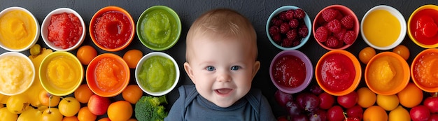 Un bébé debout devant un mur de fruits