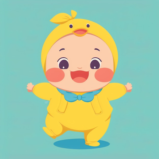 Bébé de dessin animé en tenue jaune avec un canard sur la tête ai générative