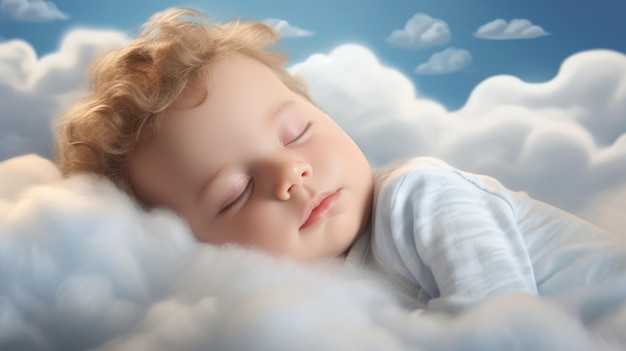 Bébé dormant sur un nuage blanc dans le ciel bleu comme un petit ange généré par l'AI