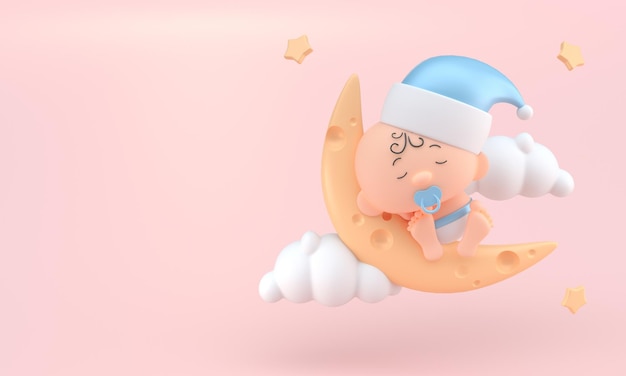 Bébé dort sur l'illustration 3D de la lune