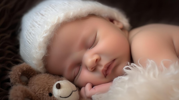 Un bébé dort avec un ours en peluche dessus.