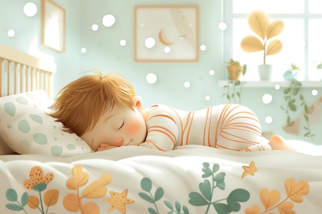 Le bébé dort en pyjama à rayures roses et blanches sur un lit blanc dans une pièce générée par l'IA