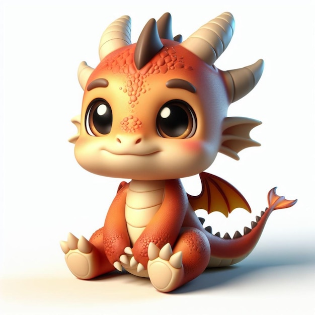 Le bébé dragon Chibi 3D est mignon et adorable, il est assis et son visage sourit.