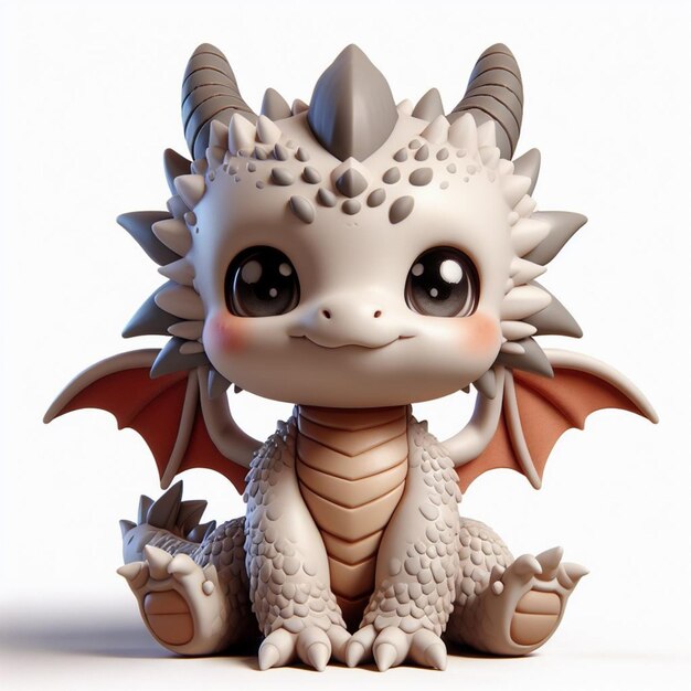 Le bébé dragon Chibi 3D est mignon et adorable, il est assis et son visage sourit.