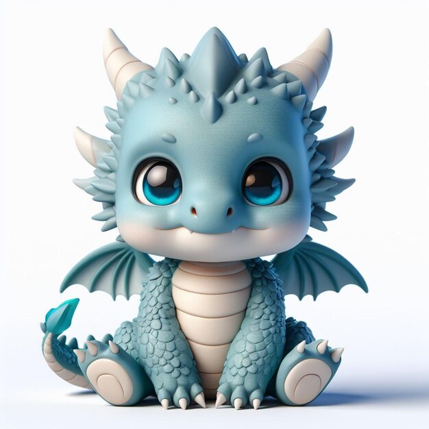 Le bébé dragon Chibi 3D est mignon et adorable, il est assis et son visage sourit.