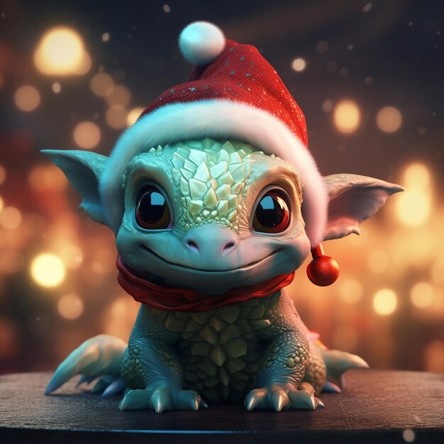 Bébé dragon hyper réaliste dans le chapeau du Père Noël Image générée par l'IA