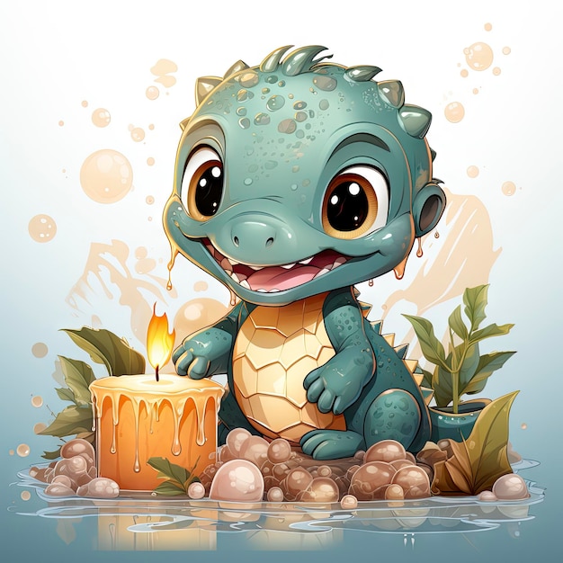Photo un bébé dragon joyeux et illustré éclaboussant dans l'eau, entouré de fleurs vibrantes et de gouttes ludiques.