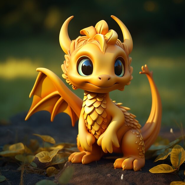 Un bébé dragon mignon qui est de couleur jaune doré