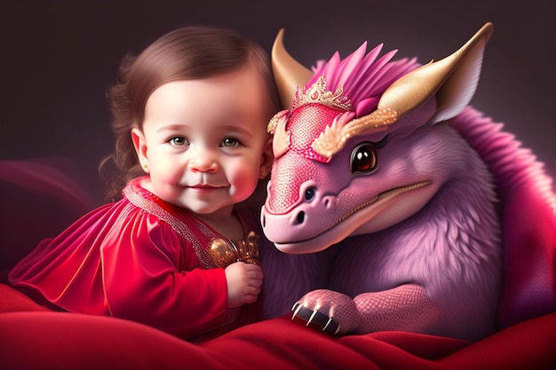 Un bébé et un dragon sont assis à côté d'un bébé.