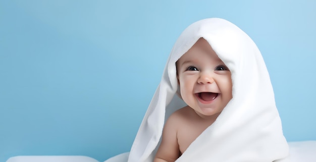 un bébé drôle souriant sur un fond blanc