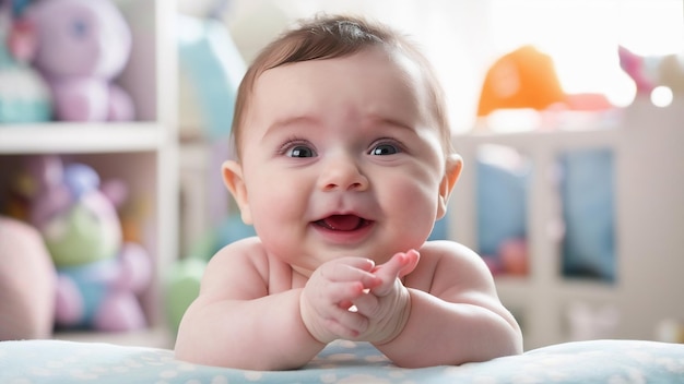 Un bébé drôle tient la tête en l'air